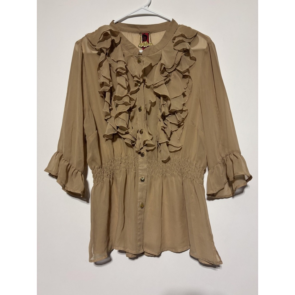 Apple Bottoms Shirt Womens XL Beige Ruffle Sheer Peplum Blouse Top Y2K